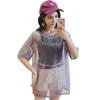 Gkfnmt mode hollow out t -shirt vrouwen sexy transparante zomer tops dames korte mouw losse twee set t -shirts dames tee shirt t200614