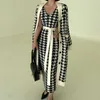 Pull coréen ensemble mode Vintage Style col en v long pull manteau + pied de poule gilet robe femme costume deux pièces 210708
