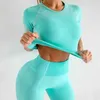 Seamless Yoga Set Women Green 2 Två Piece Backless Crop Top Shorts T-shirt Legging Sportsuit Workout Suit Fitness Gym Ställer 210802