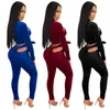 Zweiteilige Damenhose Cutubly Langarm-Frauen-Set-Trainingsanzug Herbst-Winter-Samt solide 2-teiliges tiefes V-Crop-Top-Ausschnitt-Jogger-Outfits