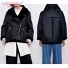 女性のためのAELEGANTMIS高品質のFaux PUレザージャケット冬厚い暖かい毛皮の襟のジャケットの女性特大のアウターウェア210607