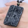 Vackra kinesiska handverk naturliga svarta obsidian snidade svärd guangong lycklig amulet hänge pärlor halsband mode smycken 02153352758