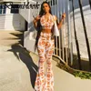 Bomblook Casual Moda Traje de mujer Verano 2021 Estampado floral Sin mangas Crop Top Pantalones acampanados Set Vetement Femme Streerwears Y0625