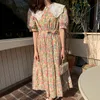 Korjpaa Kvinnor Klänning Sommar Koreanska Chic Åldersreducerande Sweet Hollow Doll Krage Lace-up Floral Puff Sleeve Pläterad Vestidos 210526