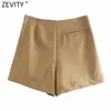 Zevity New Women Women Vintage Basa dupla de peito sólido casual shorts SKIRTS LADIES Side Zipper Chic Shorts Pantalone Cortos 210306