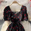 Neploe vintage grace kralen vierkante kraag gewaad vrouwelijke bladerdeeg korte mouw kersen print jurk vrouwen hoge taille zomer nieuwe vestidos y0726