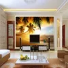 Papier peint Photo personnalisé en 3D, affiche murale, pour salon, arrière-plan de la télévision, lueur de coucher de soleil, paysage de mer de noix de coco
