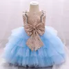 2021 Infant Baby Girls Sequins 1st Födelsedag Klänningar Kopad Kappor Babies Baptisk Kläder Tutu Prom Big Bow Princess Dresses G1129