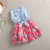Meisjes denim floral jurk zomer feestjurk met riem kinderen vliegen korte mouw casual kleding baby meisje kinderen mode outfit 210317
