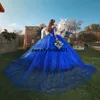 Sheer Scoop Neck Royal Blue Quinceanera Robes Manches Longues Dentelle Perlée Applique robes de 15 a￱os Sweet 16 Ball Robes De Bal