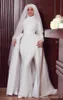 Sjöjungfrun muslimsk pärlor bröllopsklänningar brudklänning långa ärmar med oftskirt juvel hals svep tåg spets applikation kristaller vestidos de novia