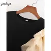 Şeritli Örgü Seksi Bodysuit Kadınlar Tül Kol Yuvarlak Boyun Vintage Siyah Tops Vücut Mujer XDWM2795 201007