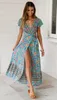 Summer Dress Indie Folk Women Sexy Printed Bow Holiday Beach Wrap Dresses V-Neck Boho Dress Elegant Party Sundress X0705