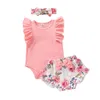 Наборы одежды Родины Baby Girls Летние Твердые Ruffled Romper + Цветочный Лук Шорты Устройства Устройства Одежда Countuntos Para Bebé