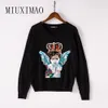 Europe Style Autumn New Arrival Fashion VNeck Full Sleeve Pullovers Sequined Character Black Sweatshirts Women T200113