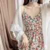 Casual Dresses Floral Dress Women 2021 Höst Elegant Fairy Chiffon Långärmad Skjorta och Spaghetti Strap Två Piece Set Korean