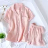 Japanese-style summer ladies cotton double-layer crepe gauze short-sleeved shorts pajamas suit large size home service women 210928