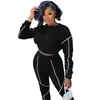 Women's Two Piece Pants Sense Of Design Bright Line Decoretion Jogging Suit For Women O-neck Long Sleeve Crop Top And Fitness Sporty Trouser