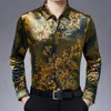 Camisas de negócios de meia idade impressão de mangas compridas de lapela camisa de veludo de ouro considerável masculina e roupas na moda