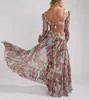 OMILKA Floral imprimé Boho Dr2020 automne femmes lanterne manches col en V BacklHigh fendu évider plage longue Maxi robe X0621