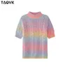 TAOVK Tie Day Knitted Sweater Female Rainbow Kawaii Pullover Women Short Sleeve O-neck Candy Outwear Female Sweet Top Jumpers 210918