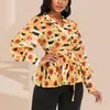 Women Blouse Tops Shirts Printed Floral See Through Peplum Sexy V Neck Long Lantern Sleeves Yellow Autumn Fashion Lady Bluas 210715
