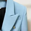 Niebo Blue Blazer Kobiety 2021 Nowa Kurtka Żakietka Moda Metalowa Klamra Podwójna Breasted Gold Buttons Garnitur Baby Blue Blazers X0721