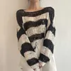 Korejpaa Women Sweater Summer Korean Chic Gentle Sweet One-Shoulder Striped Loose Long-Sleeved Hollow Knit Sunscreen Top 210526