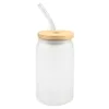 15oz Sublimation Glass Beer Mugs with Bamboo Lid Straw DIY Blanks Frosted Clear Can Shaped Tumblers Cups Heat Transfer Cocktail Iced Coffee Soda Whiskey Glasses HT