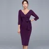 Lila klänning damer korea ol temperament v-neck långärmad med kvinnliga kontor midi klänningar för kvinnor kläder 210602