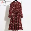 Женские повседневные длинные рукава шифоновое платье весна осень элегантные винтажные цветочные напечатанные рубашки платье лук MIDI летнее платье Vestidos X0521
