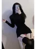 Womengaga sexy manga longa mini vestido meias nova cintura alta fina o pescoço elegante fadas mulheres coreano quente se sexy vestidos outono 763g 220310