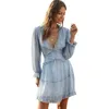 Chiffon Floral Imprimir Elegante Deep V Neck Ruffle Dobra Vestido de Manga Longa Mulheres Casual Boho Verão Streetwear Beach Mini Vestidos 210608