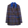 Women's Blazers Blue Plaid Coats Spring Vintage Patchwork Tweed Corduroy Checkered Wild Lady Tops Outwear 210608