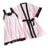 Kvinnors Sleepwear 2PCS Lace Spaghetti Strap Stripe TwinSet Robe Set Sexig Bowknot Pajamas Suit Intimate Underkläder Nightgown Home Clothes