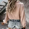 Damskie Bluzki Koszule Długi Latarnia Koszula Bawełniana V-Neck Casual Solid Ladies Jesień Przyciski Eleganckie Moda Top Kobiety