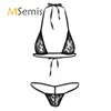 2Pcs Womens Bikini Swimsuits Lace See Through Sheer Halterneck Mini Micro Bikini Bra Top with GString Thongs Briefs Underwear4999398