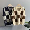 Goplus Vest Vintage Plaid Sweater Kvinnor Koreansk V-Neck Knitted Ärmlös Kort Gilet Femme Pull Sans Manche C10786 210915