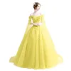 Gula applikationer Blommor Bateau Ball Gown Quinceanera Klänningar Tulle Sweet 16 Debutante Prom Party Dress Custom Made 44