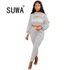 TRACKSUIT FÖR KVINNOR TWO PIECE SET Brev Långärmad Sexig Crop Top + High Waist Joggers Pants Trousers Club Outfits 210525