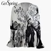 GetSpring Mujeres Blusa Camisas Elegantes Impresas Camisas Plisadas Manga Larga V Cuello Camisa Blanca Tops Tops Blusas Impresas 210225