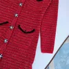 Women's New Year Christmas red color long sleeve v-neck rhinestone buttons patchwork knitted casual dress SML