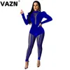 Damskie kombinezony Pacyki VAZN Brand Black 2021 Moda High Street Solid Casual Bodycon Koronki Splice Sexy Długie Spodnie Slim Kombinezon