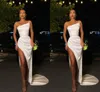 New Arrival Cheap Simple Sexy White Prom Dresses High Side Split Satin Strapless Floor Length Evening Gowns Formal Party Dress