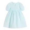 O-Neck Kobiety Sukienka Puff Krótki Rękaw Solid Light Blue Mini Sukienka Damska Linia Letnie Suknie Wiosna Słodka Sundress Kobieta 210529