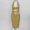 Vestido damer sexig v nacke bronzing knä längd 2 bitar halter guld bandage klänning kvinnor charmig kändis nattklubb 210527