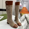 Novo estilo Luxo carta de malha sexy mulheres joelheiras botas moda ao ar livre meias metade botas senhoras lisas lona sapatos tamanho 35-41