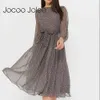 Jocoo Jolee Women Mesh Printing Lace Spring Chiffon Pleated Sexig O-Neck Långärmhet Lace Up Wave Point Loose Casual Maxi Dress 210619