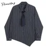 Yitimuceng Women Blouses Vintage Long Sleeve Striped Office Lady Loose Solid Shirts Fashion Casual Tie Navy Blue Clothing Spring 210601