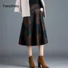 Fairyshely Autumn Winter High Womer Umbrella Knee Skirt Women Women Pocket Casual Pocket Grid Salia feminina Flee Plaid Salia longa 210315